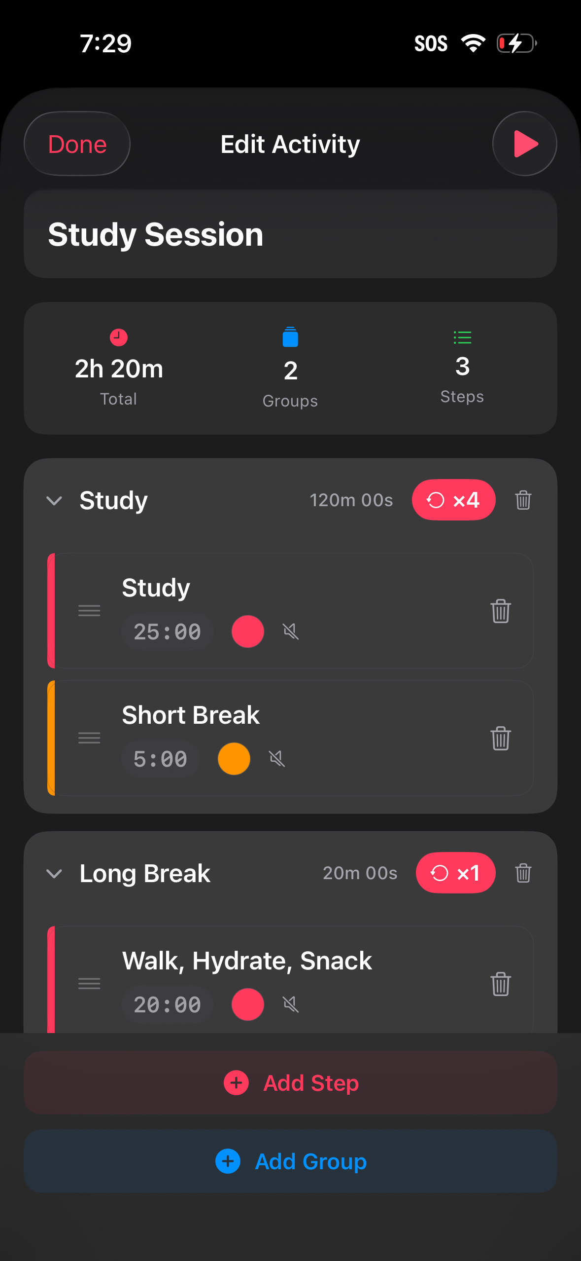Building a study session with groups and steps
