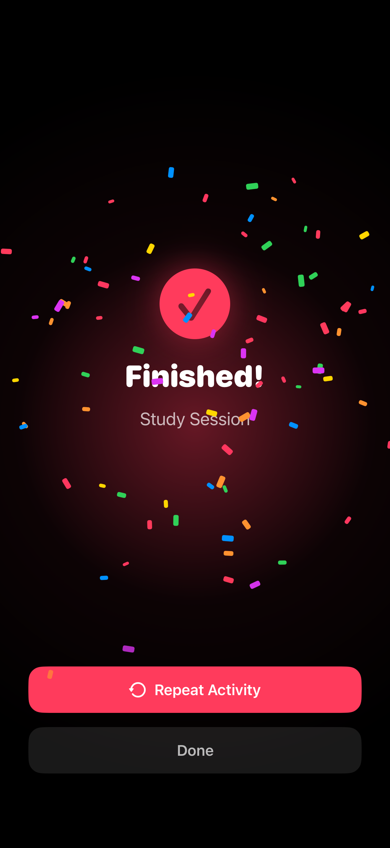 Finished screen with confetti celebration