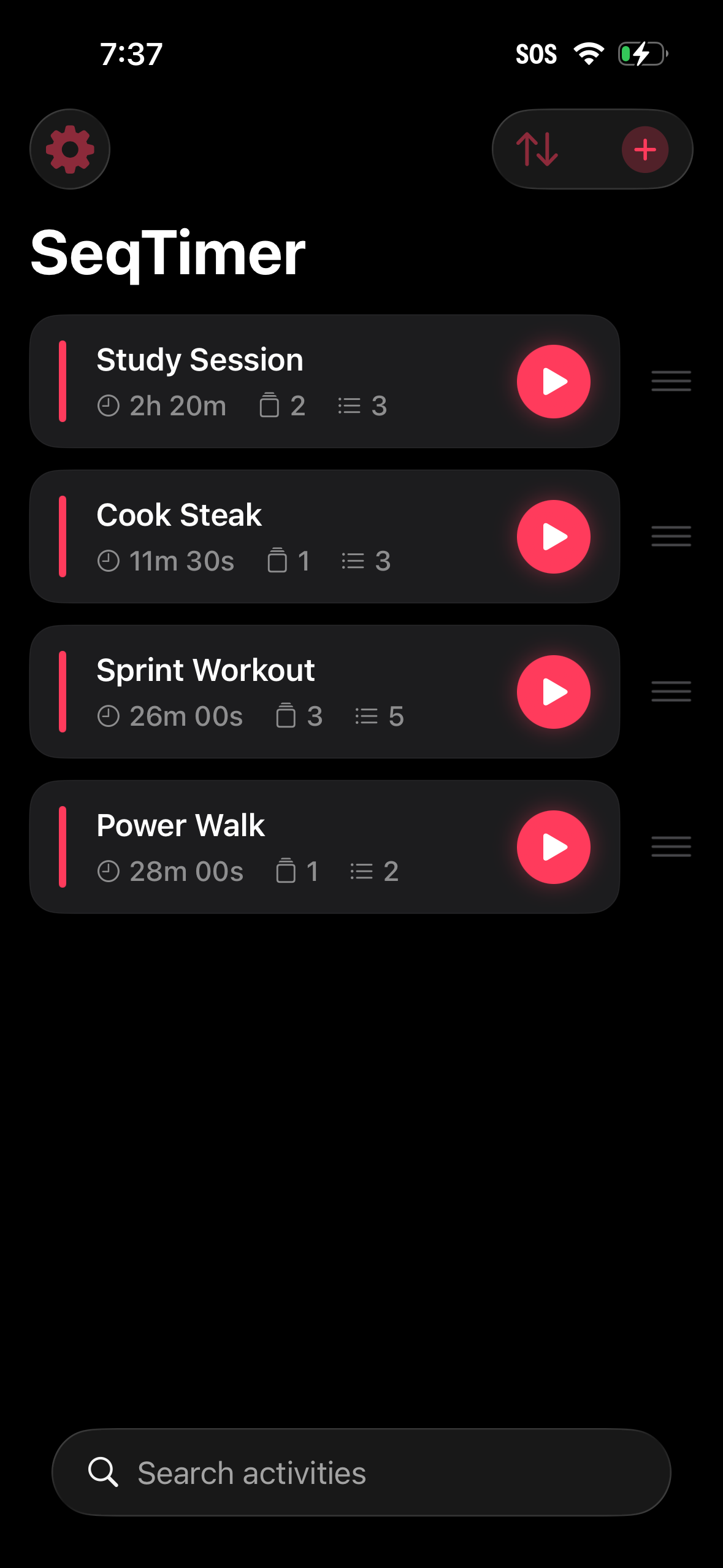 SeqTimer home screen showing activities