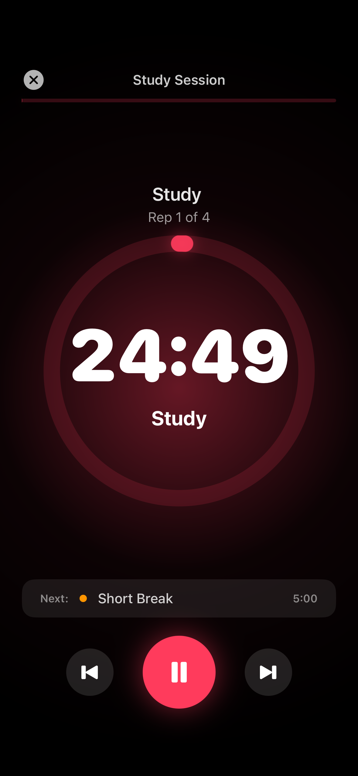 Timer running with countdown and progress ring